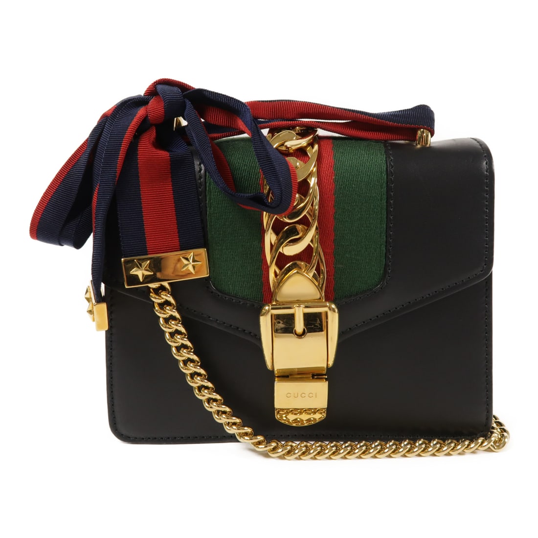 GUCCI Cowhide Leather Sylvie Mini Golden Cross Shoulder Back Bag 2wayShoulder Bag Black Black (1 of 14)