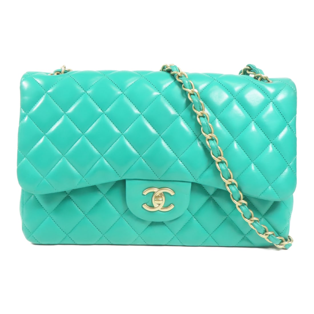 CHANEL Green Green Sheepskin Leather Large Classic Golden Cross Shoulder Back Bag Shoulder Bag (1 of 15)