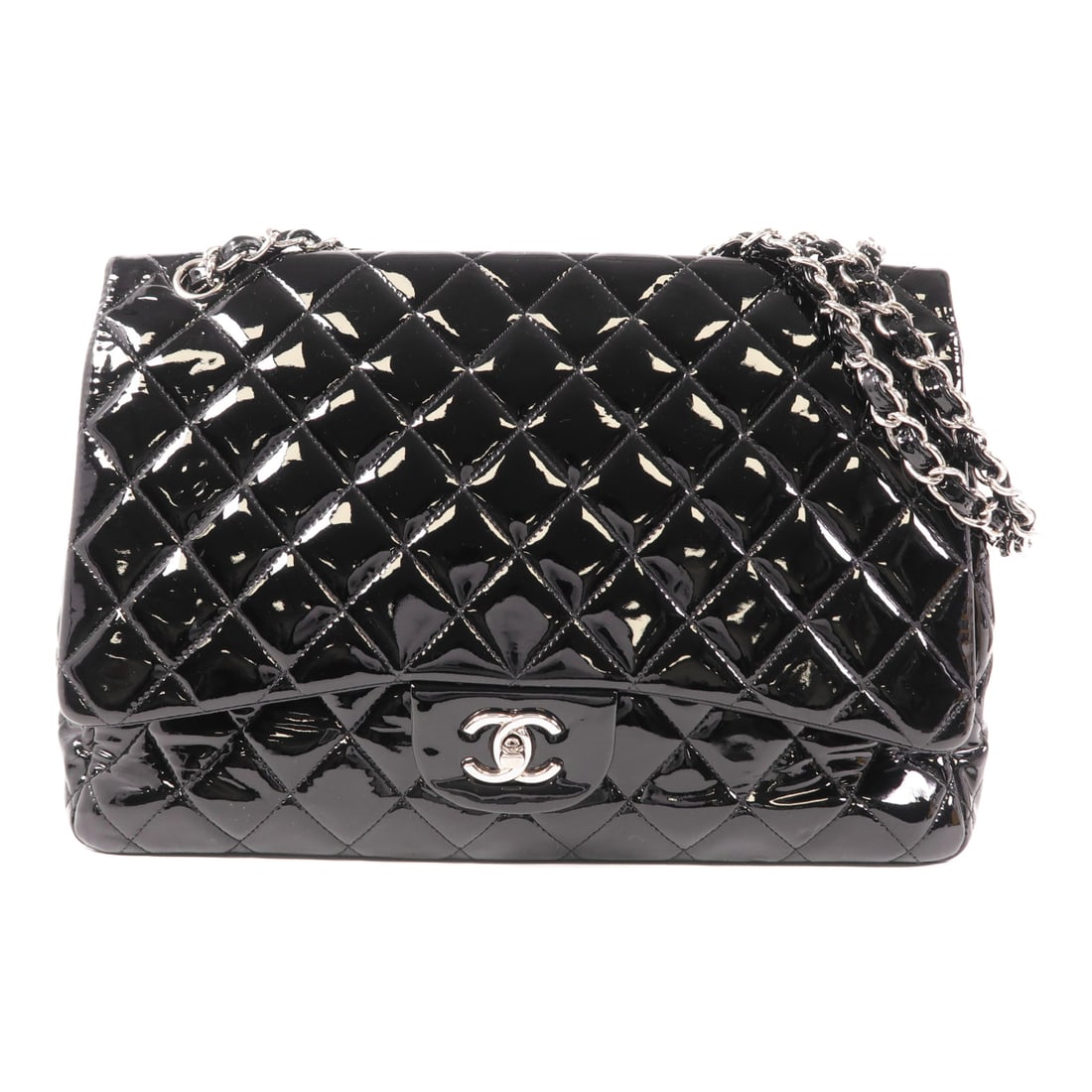 CHANEL Black Black Lacquered leather Maxi Classic silver crossbody shoulder bag Shoulder Bag Patent (1 of 19)