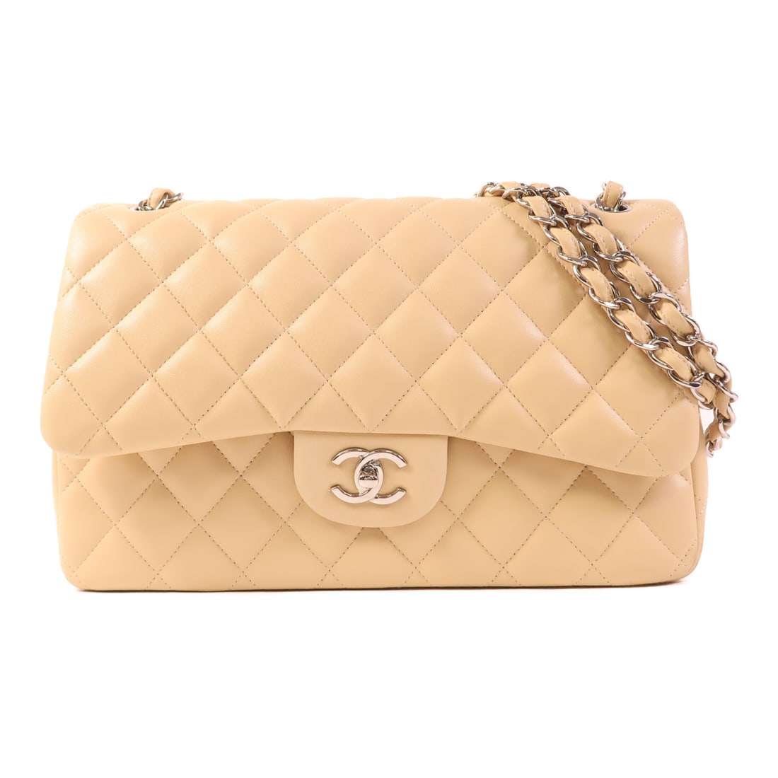 CHANEL Beige Beige Sheepskin Leather Large Classic Silver Cross Shoulder Back Bag Shoulder Bag (1 of 14)