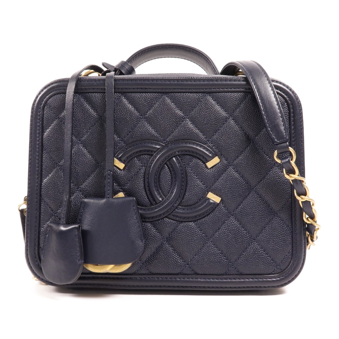 CHANEL Navy Navy Cowhide Leather Vanity Case Hand-Handed Shoulder and Back Bag 2wayShoulder Ba: Item Name: CHANEL Navy Navy Cowhide Leather Vanity Case Hand-Handed Shoulder and Back Bag 2wayShoulder Ba Brand: CHANEL Model No.: A93343 Size: x W:21cmH:16cm x D:7.5cm(W:8.3 inch x H:6.3 inch x D:3.0