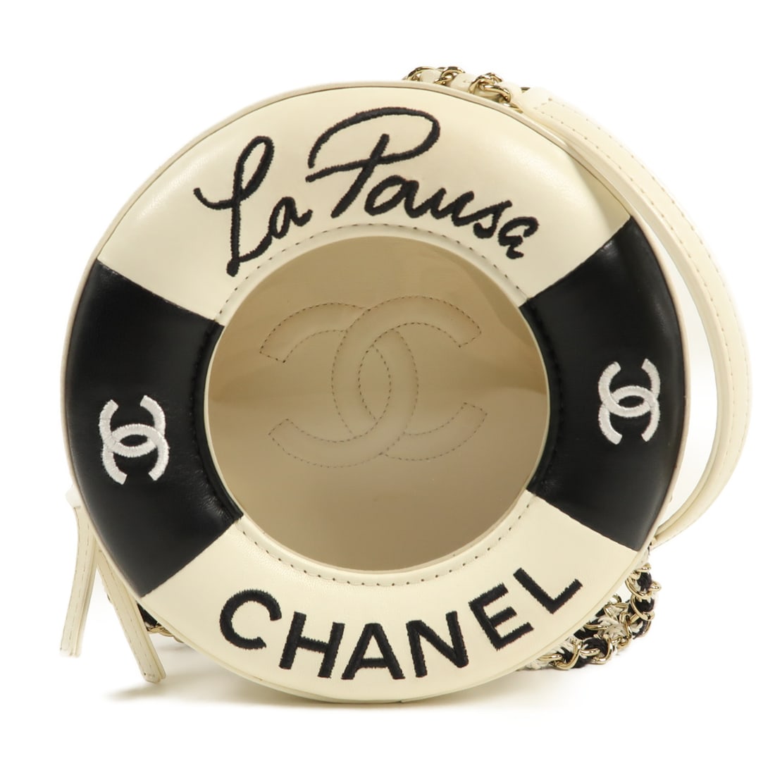 CHANEL Black White BK/White Sheepskin Leather Coco Life Saver Round Bag Golden Cross Shoulder Back (1 of 15)