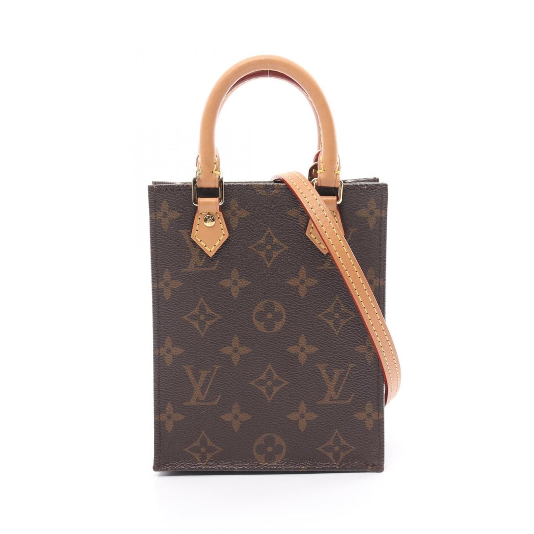 LOUIS VUITTON [Special Offer] Monogram Petit Sac Plat Gold Buckle Handmade Shoulder Bag Brown Brown (1 of 8)