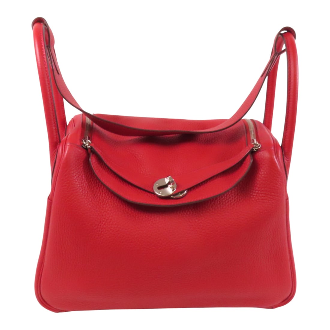 HERMES Clemence Leather Lindy 30 Silver Shoulder Bag Shoulder Bag Red Red Taurillon Clemence Cal (1 of 15)
