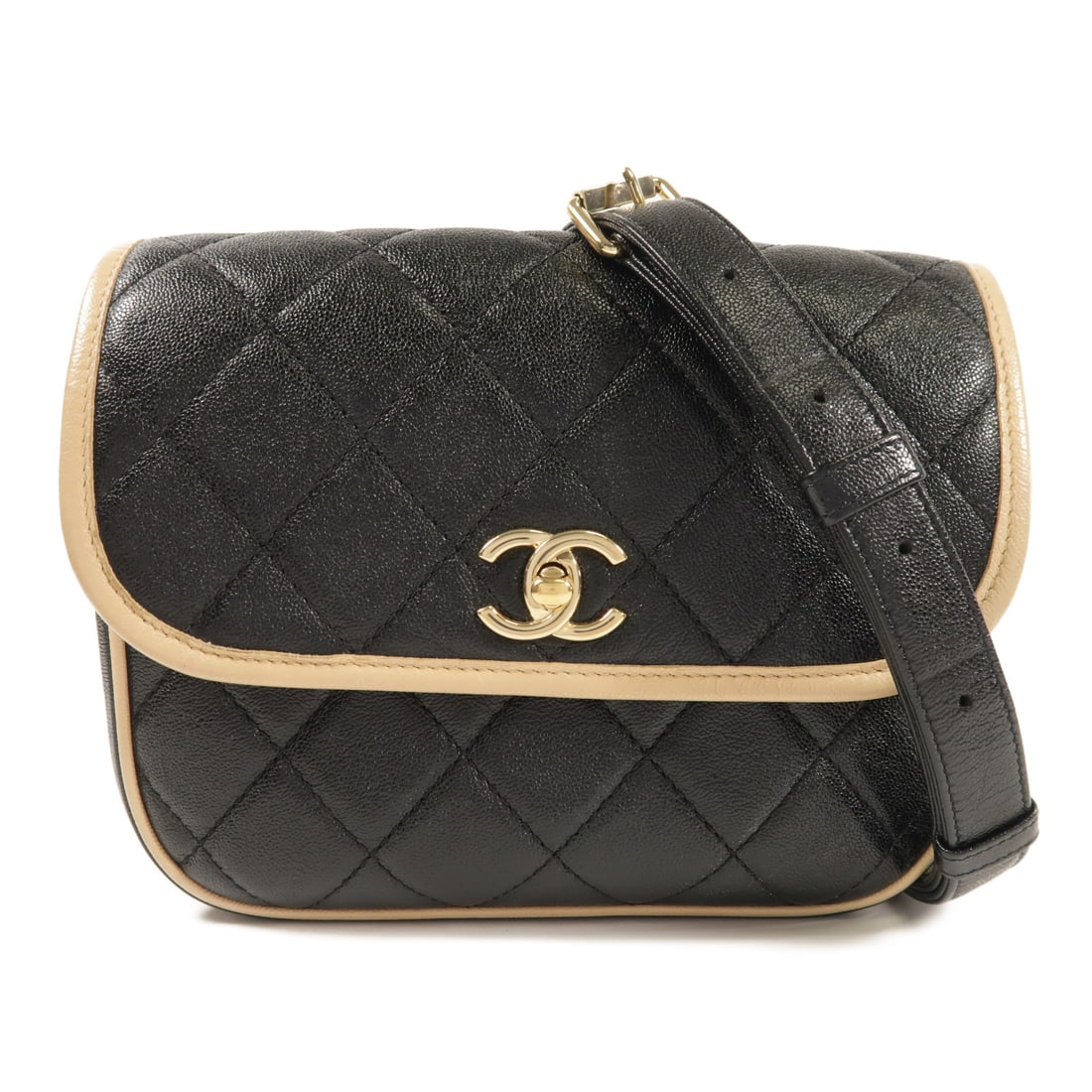CHANEL Black Beige Beige/bLACK Cowhide Leather Messenger Bag Golden Shoulder Back Bag Shoulder Bag C (1 of 16)