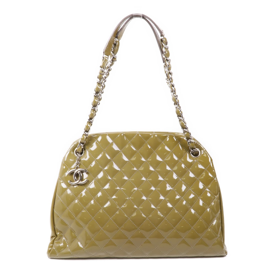CHANEL Khaki Green Lacquered Leather Chain Shoulder Silver Chain Shoulder Back Bag Shoulder Ba (1 of 13)