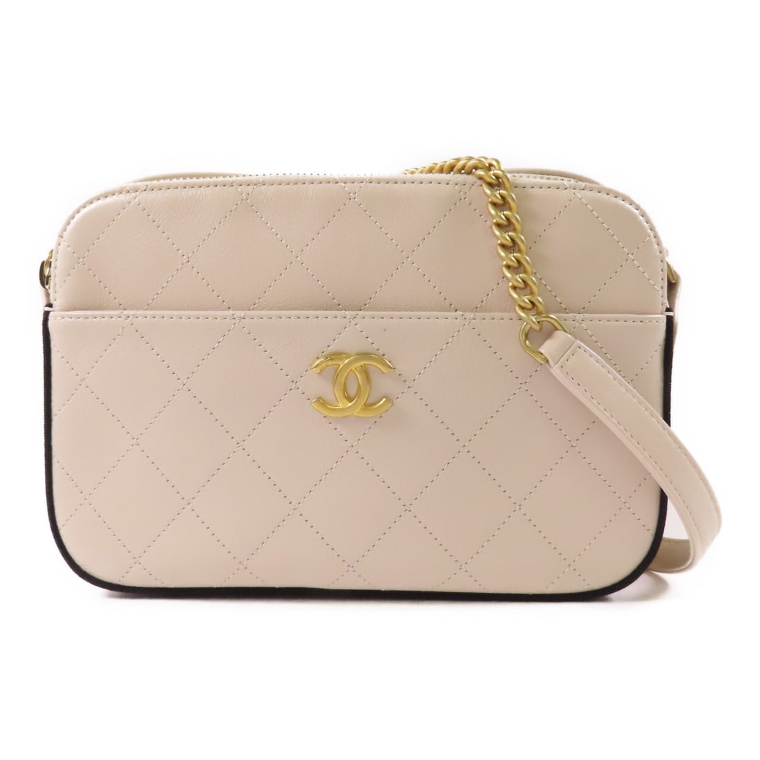 CHANEL Black Beige White Cowhide Leather Camera Bag Golden Cross Shoulder Back Bag Shoulder Bag (1 of 18)