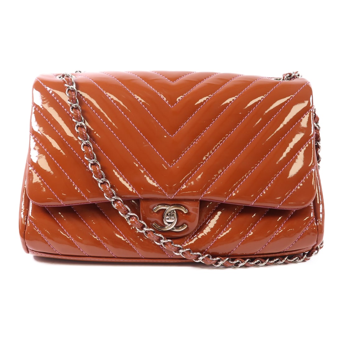 CHANEL Brown Brown Lacquered Leather Chain Shoulder Silver Chain Shoulder Back Bag Shoulder Ba (1 of 16)