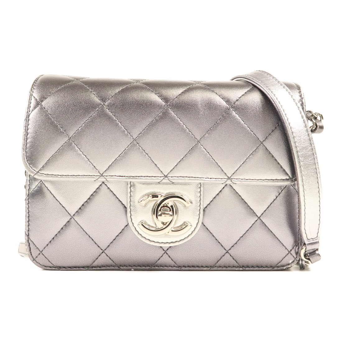 CHANEL Silver Silver Leather Chain Shoulder Silver Chain Shoulder Back Bag Shoulder Bag leather A (1 of 14)