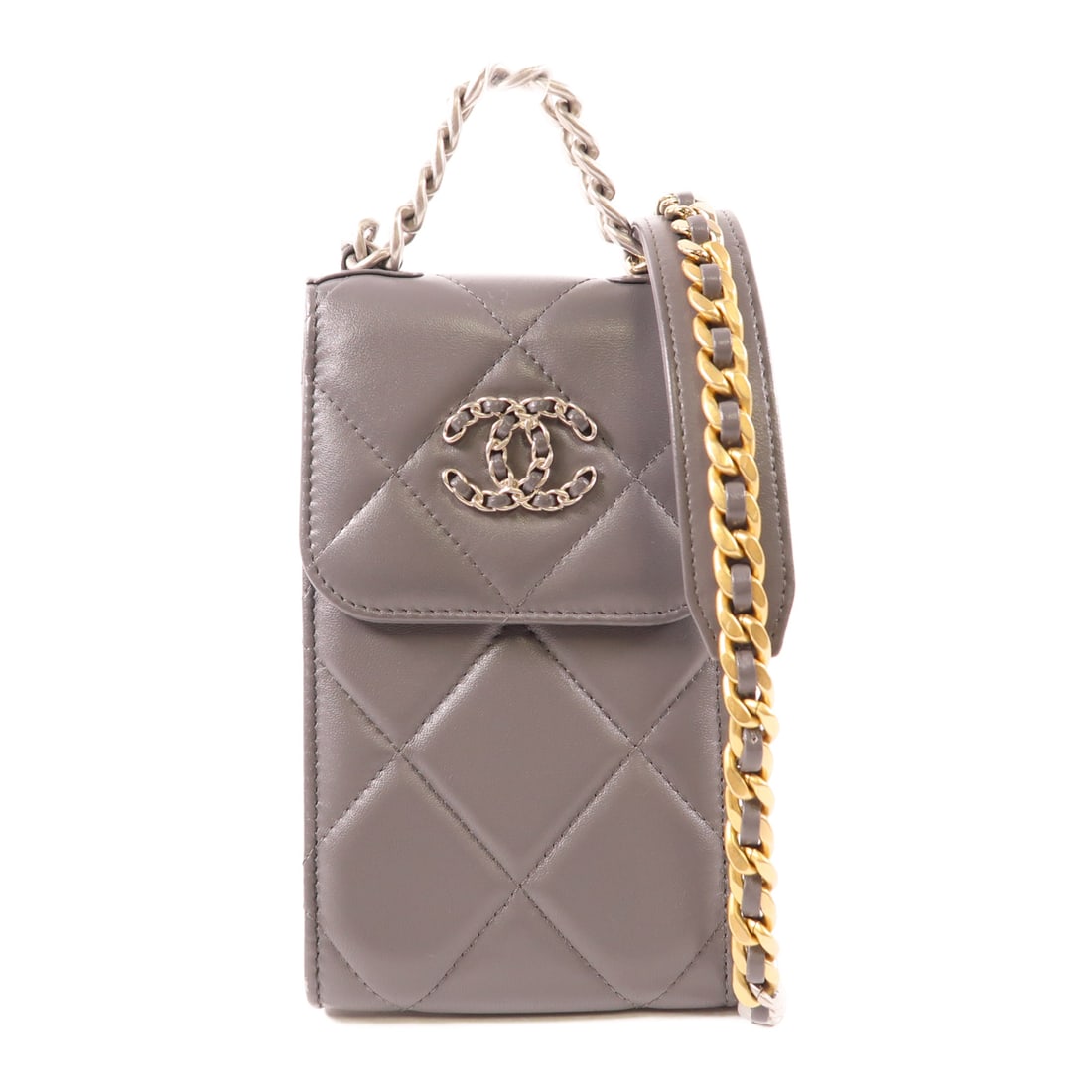 CHANEL Gray Grey Sheepskin Leather Phone Bag Shoulder Back Bag Shoulder Bag Lambskin (sheep leather (1 of 14)
