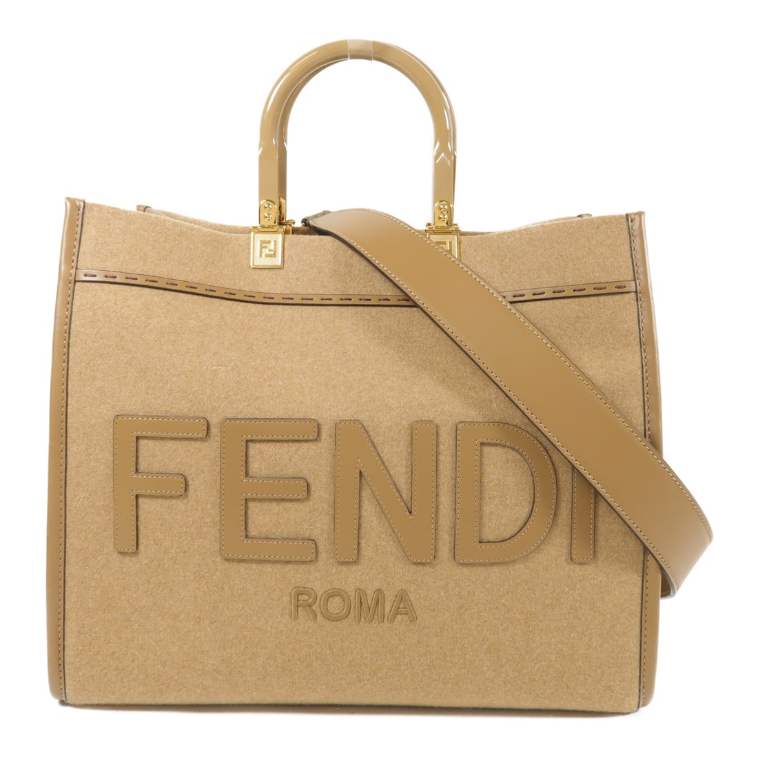 FENDI Wool/Cowhide Leather Sunshine Gold Hand-Handed Shoulder Bag 2wayShoulder Bag Brown Beige (1 of 13)