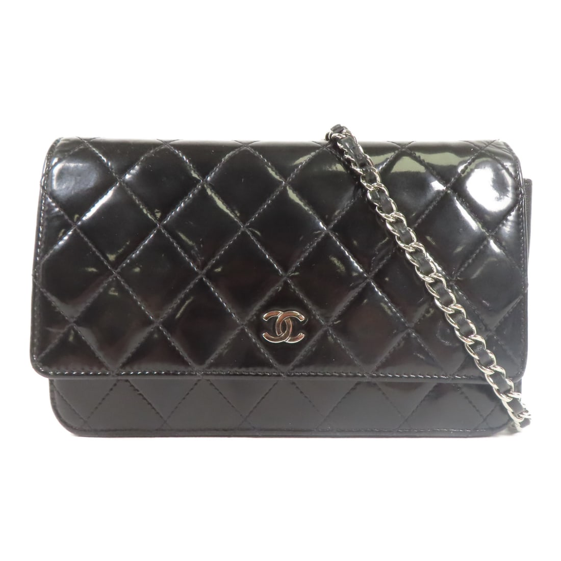 CHANEL Black Black Lacquered Leather WOC Wallet On Chain Silver Cross Shoulder Back Bag Should: Item Name: CHANEL Black Black Lacquered Leather WOC Wallet On Chain Silver Cross Shoulder Back Bag Should Brand: CHANEL Model No.: Size: x W:19cmH:13cm x D:4cm(W:7.5 inch x H:5.1 inch x D:1.6 inch ) -