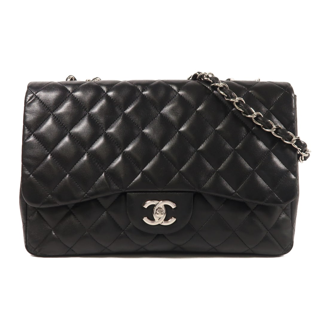 CHANEL Black Black Sheepskin Leather Large Classic Silver Cross Shoulder Back Bag Shoulder Bag (1 of 13)