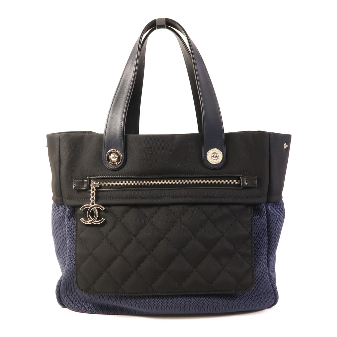 CHANEL Black Blue Black/Blue Canvas Tote Bag Silver Shoulder Back Bag Tote Bag canvas (1 of 14)