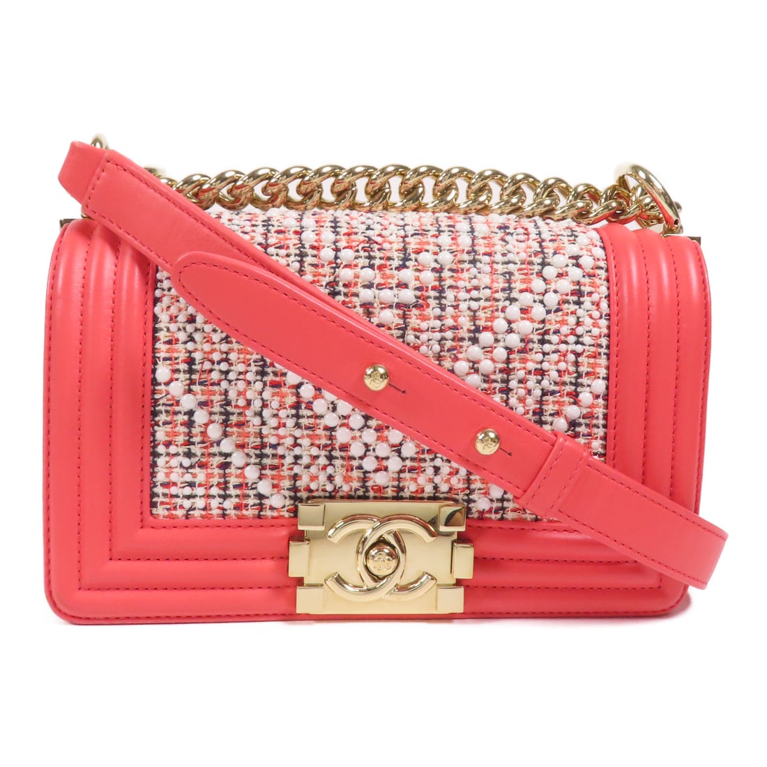 CHANEL Pink Pink Tweed/Sheepskin Leather Boy 20 Gold Triangle Shoulder Back Bag Shoulder Bag Lambsk: Item Name: CHANEL Pink Pink Tweed/Sheepskin Leather Boy 20 Gold Triangle Shoulder Back Bag Shoulder Bag Lambsk Brand: CHANEL Model No.: Size: x W:20cmH:12cm x D:5cm(W:7.9 inch x H:4.7 inch x D:2.0 inc
