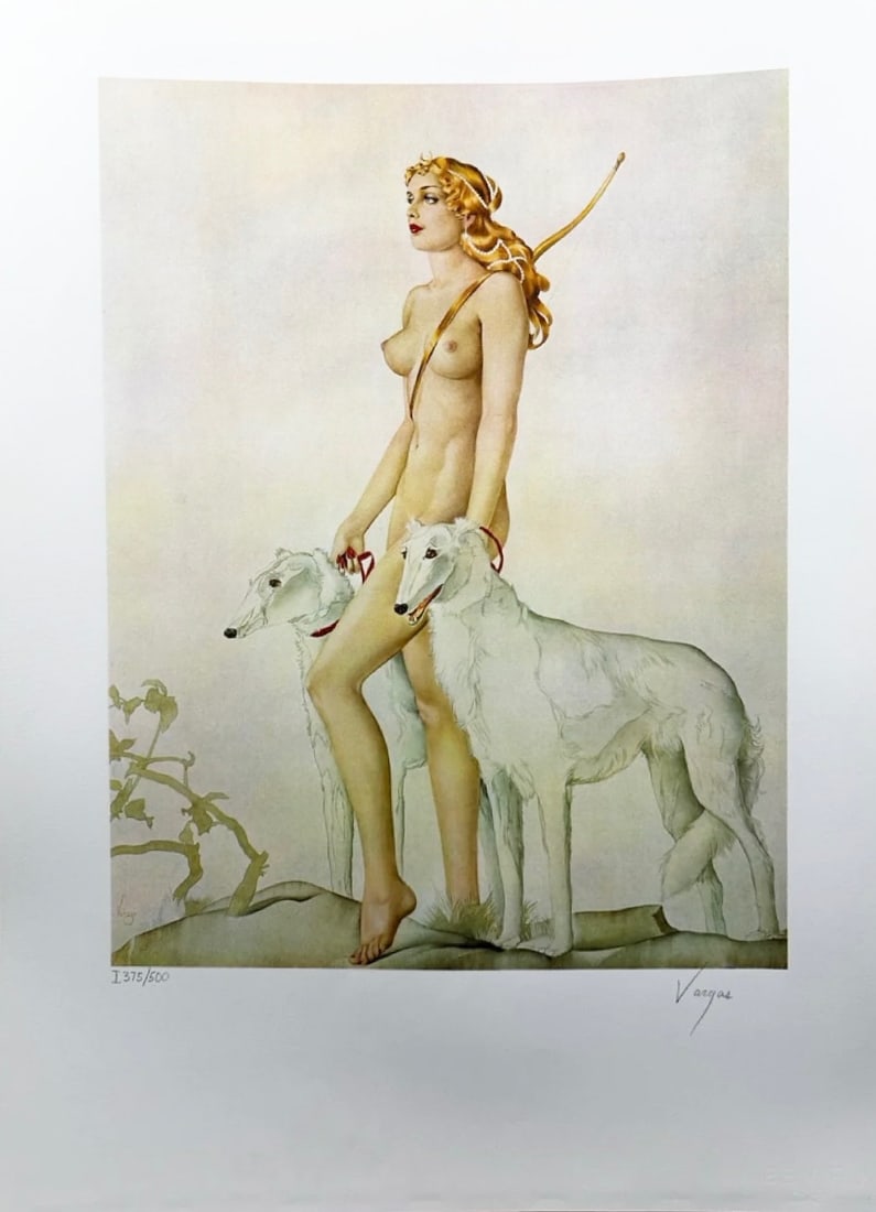Alberto Vargas "Diana The Huntress" Lithograph 1978 - 375/500: Diana The Huntress, a golden haired amazon nude with her bow strung across her back, holding two snow white Borzoi Russian hunting dogs, will make a wonderful edition to any home or important collecti