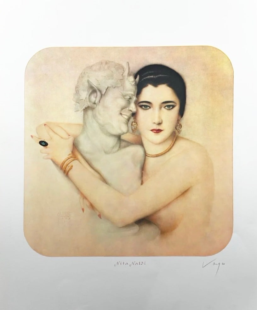 Alberto Vargas "Nita Naldi" Lithograph 1980: Nita Naldi, Ziegfeld Follies performer and star of the silent screen, once set the heart of Rudolph Valentino on fire. In this portrait, the actress also seems to bring life to a stone statue of Pan.