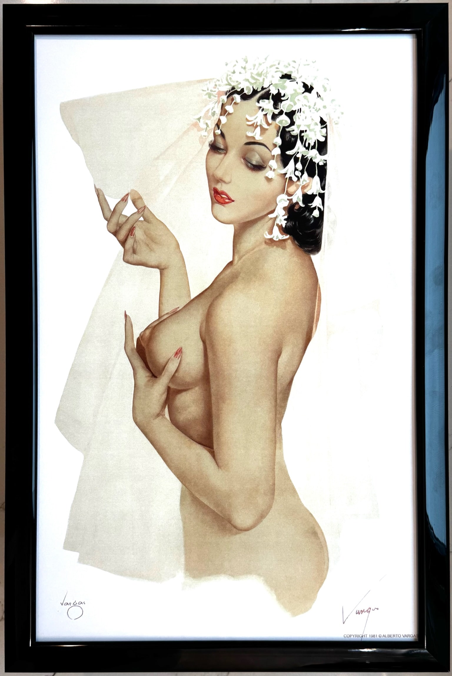 Alberto Vargas "Bride in Wedding Veil." 1940's: This exquisite print, crafted between 1979 and 1984, carries the authentic signature of Alberto Vargas, who personally autographed it at a signing event just before his passing in 1982. Original paint