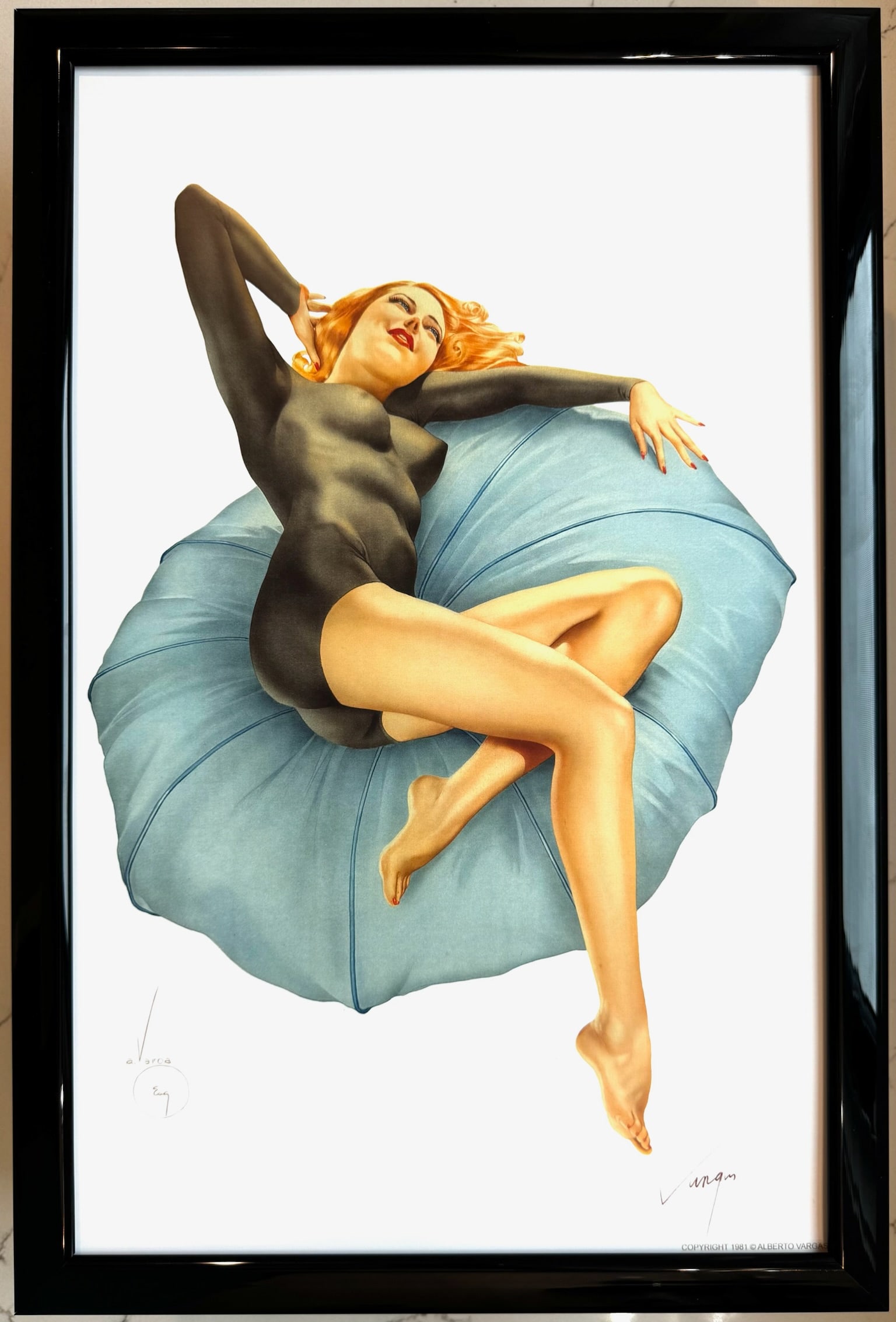 Alberto Vargas "Pillow Talk" Esquire illustration 1940's: This exquisite print, crafted between 1979 and 1984, carries the authentic signature of Alberto Vargas, who personally autographed it at a signing event just before his passing in 1982. Frame not incl