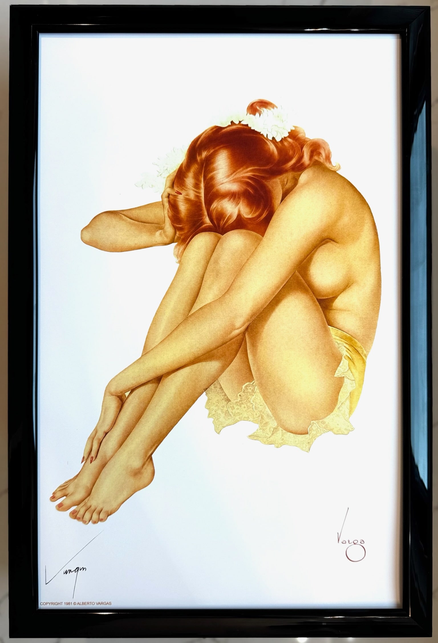 Alberto Vargas Seated Nude Esquire 1940's: This exquisite print, crafted between 1979 and 1984, carries the authentic signature of Alberto Vargas, who personally autographed it at a signing event just before his passing in 1982. This is a stun