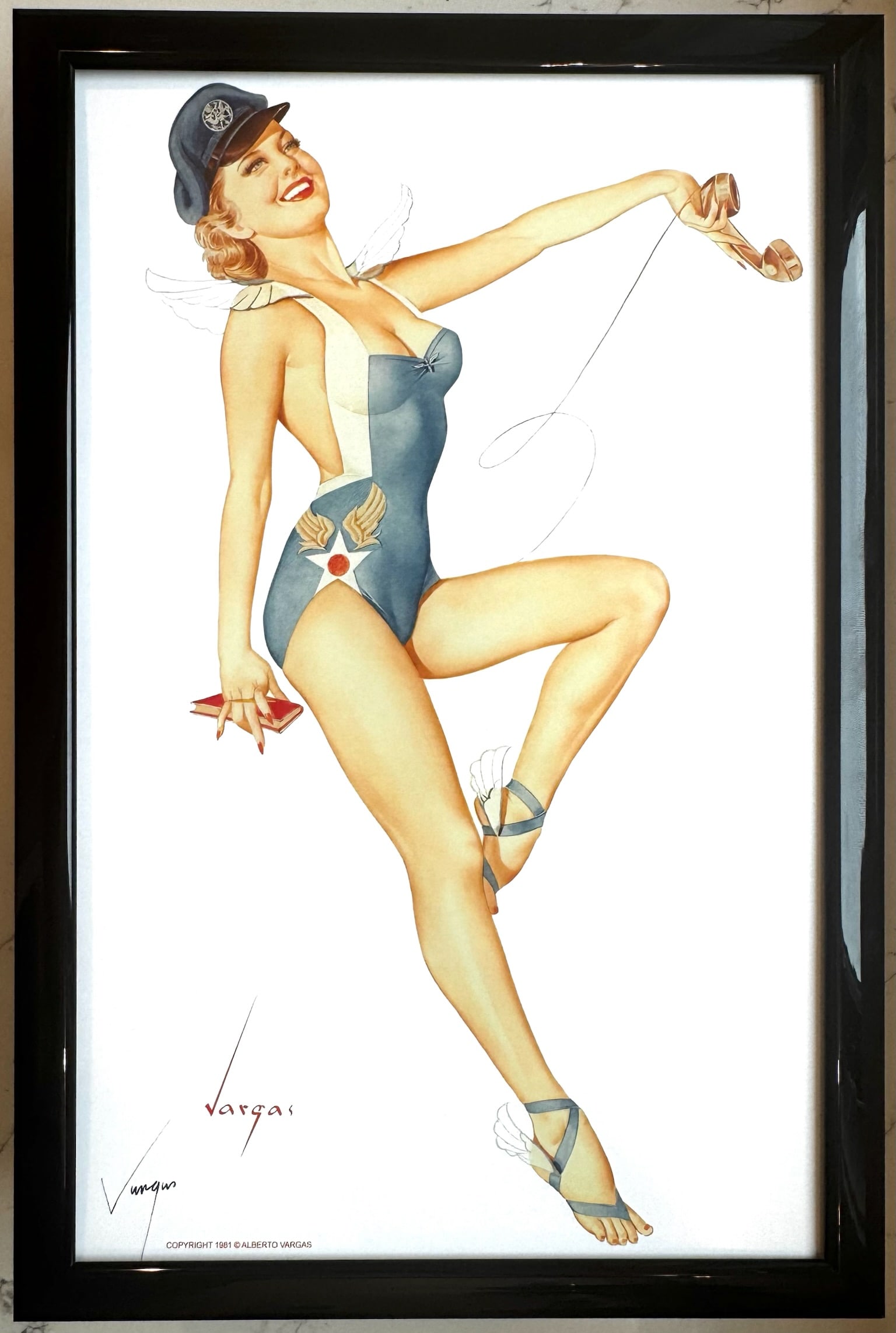 Alberto Vargas US Air Force Girl, Ace of Diamonds 1953: This exquisite print, crafted between 1979 and 1984, carries the authentic signature of Alberto Vargas, who personally autographed it at a signing event just before his passing in 1982.Frame not Inclu