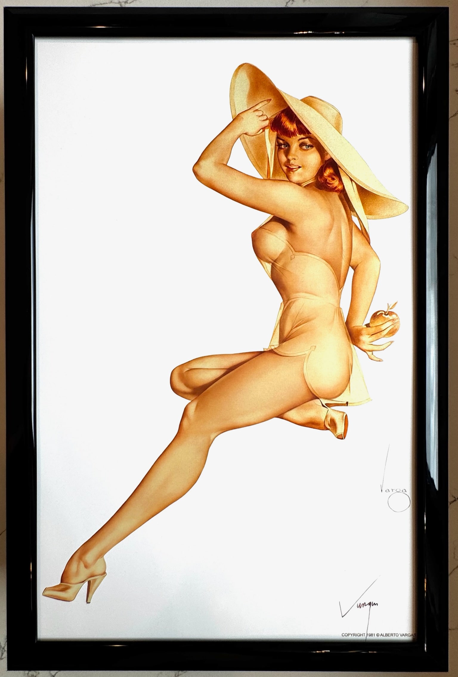 Alberto Vargas Girl in Yellow Sun-suit (Jean Dean) circa 1947: This exquisite print, crafted between 1979 and 1984, carries the authentic signature of Alberto Vargas, who personally autographed it at a signing event just before his passing in 1982. A note from th