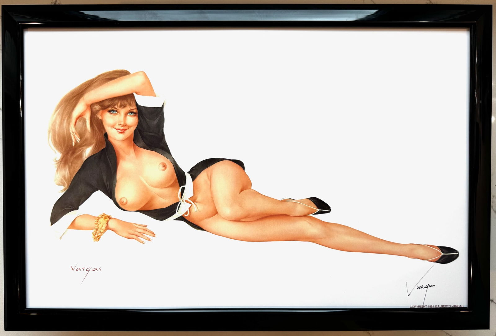 Alberto Vargas Playboy illustration January 1971: This exquisite print, crafted between 1979 and 1984, carries the authentic signature of Alberto Vargas, who personally autographed it at a signing event just before his passing in 1982. Frame not Incl