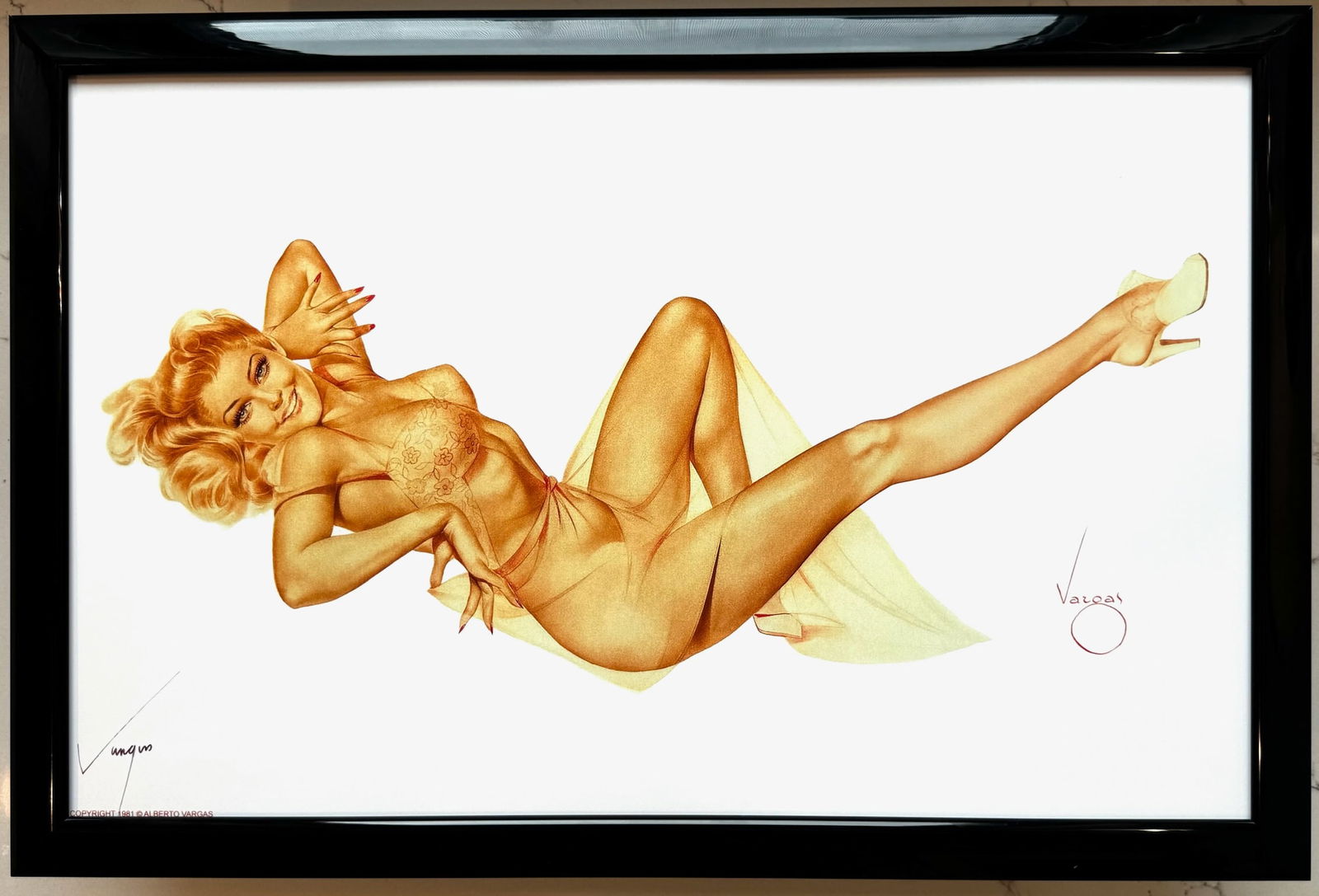 Alberto Vargas Varga Girl 1940's-50's: This exquisite print, crafted between 1979 and 1984, carries the authentic signature of Alberto Vargas, who personally autographed it at a signing event just before his passing in 1982. Frame not Incl