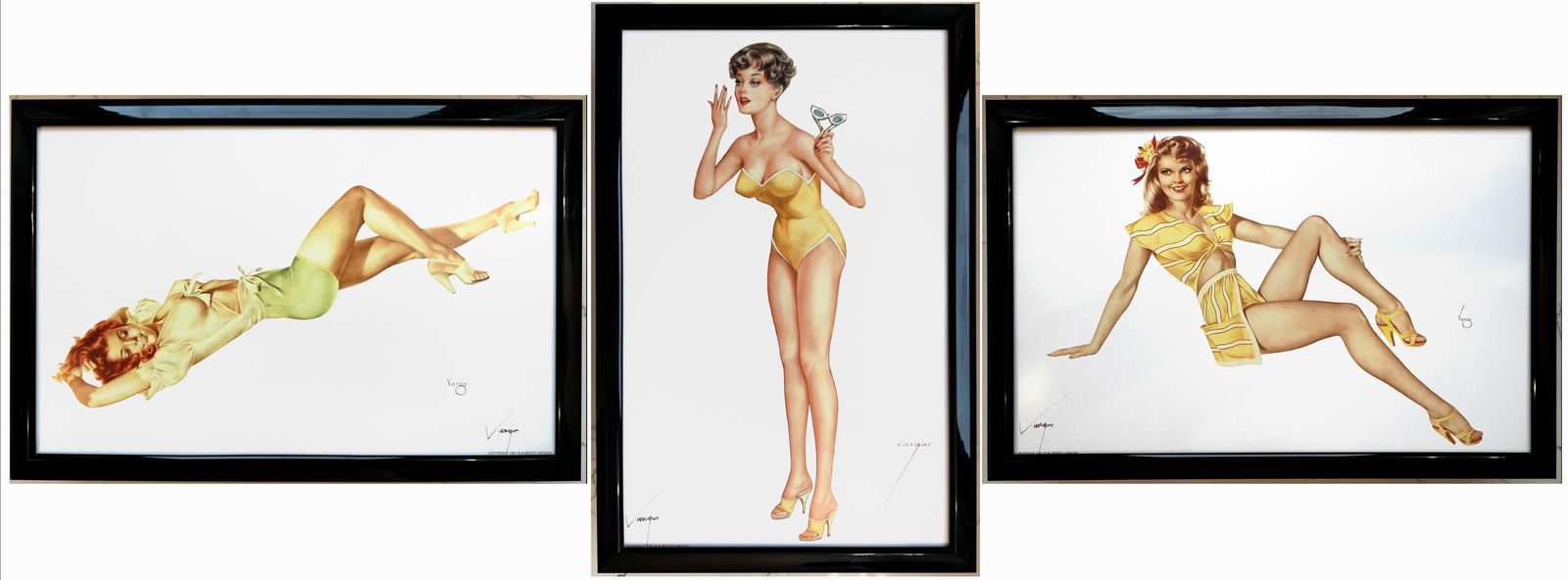 Alberto Vargas 3 prints Esquire 1943, Playboy Cover August 1961 and Pin-up In Yellow Dress 1943: This exquisite print, crafted between 1979 and 1984, carries the authentic signature of Alberto Vargas, who personally autographed it at a signing event just before his passing in 1982. Frame not Incl