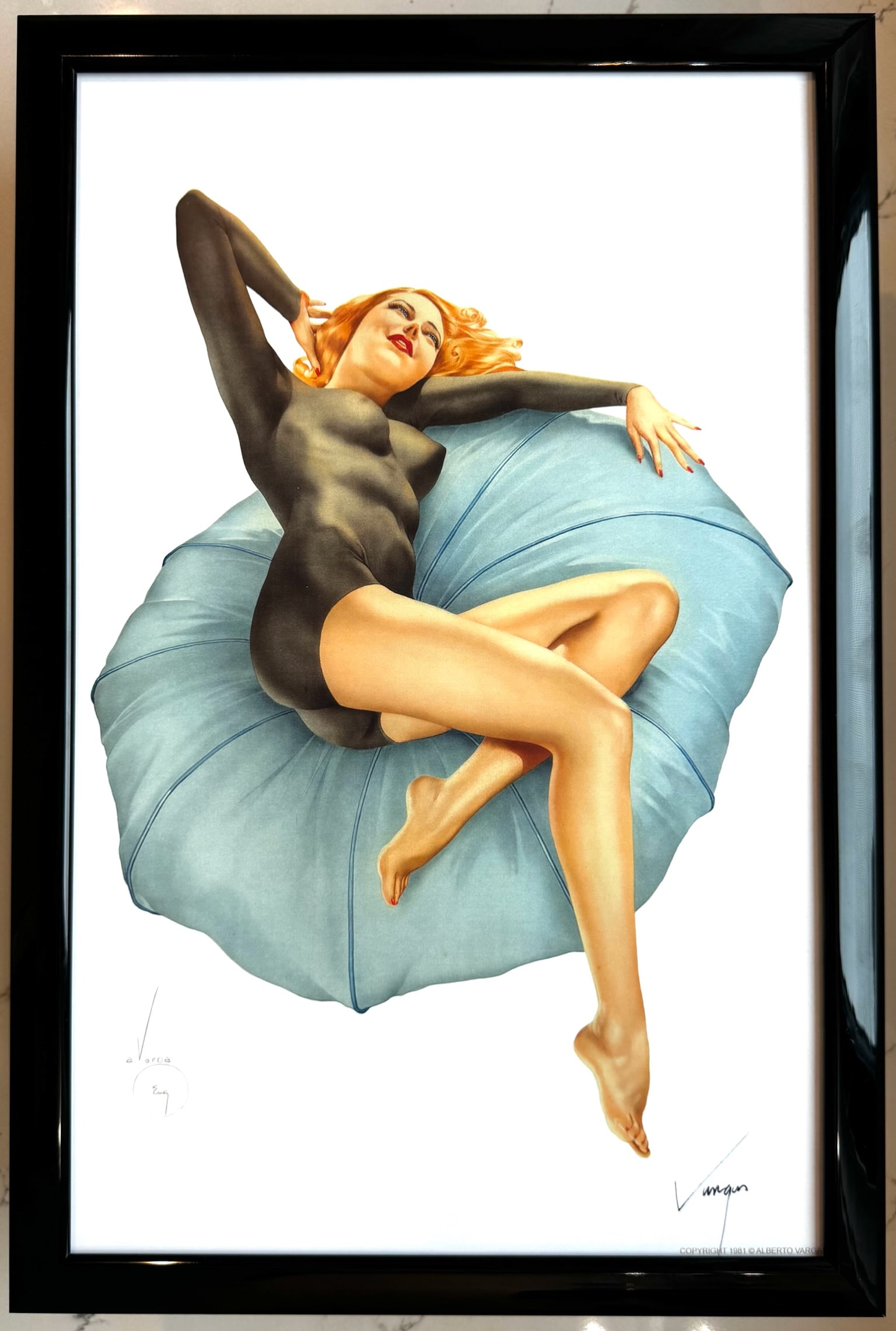 Alberto Vargas "Pillow Talk" Esquire illustration 1940's: This exquisite print, crafted between 1979 and 1984, carries the authentic signature of Alberto Vargas, who personally autographed it at a signing event just before his passing in 1982. Frame not incl