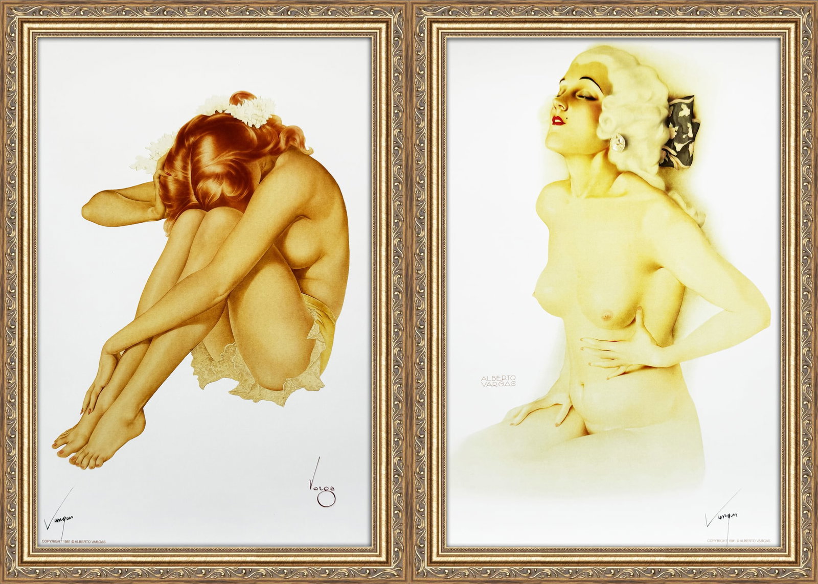 Alberto Vargas Seated Nude Esquire 1940's and Ziegfeld Girl 1928: This exquisite print, crafted between 1979 and 1984, carries the authentic signature of Alberto Vargas, who personally autographed it at a signing event just before his passing in 1982. Frame not Incl