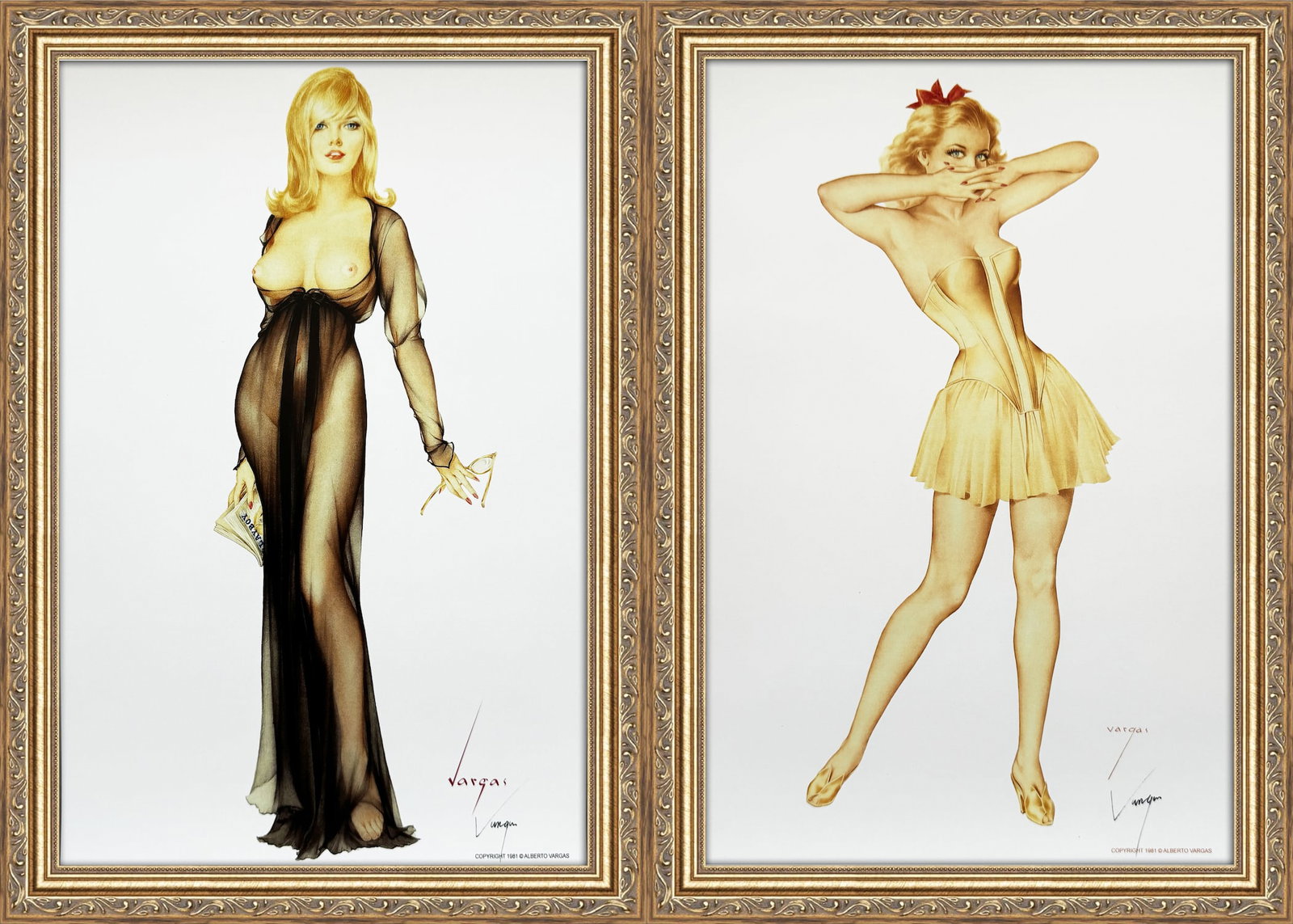 Alberto Vargas Cover of Playboy Carol Lynley and Girl in a Yellow Bustier: This exquisite print, crafted between 1979 and 1984, carries the authentic signature of Alberto Vargas, who personally autographed it at a signing event just before his passing in 1982. Frame not Incl