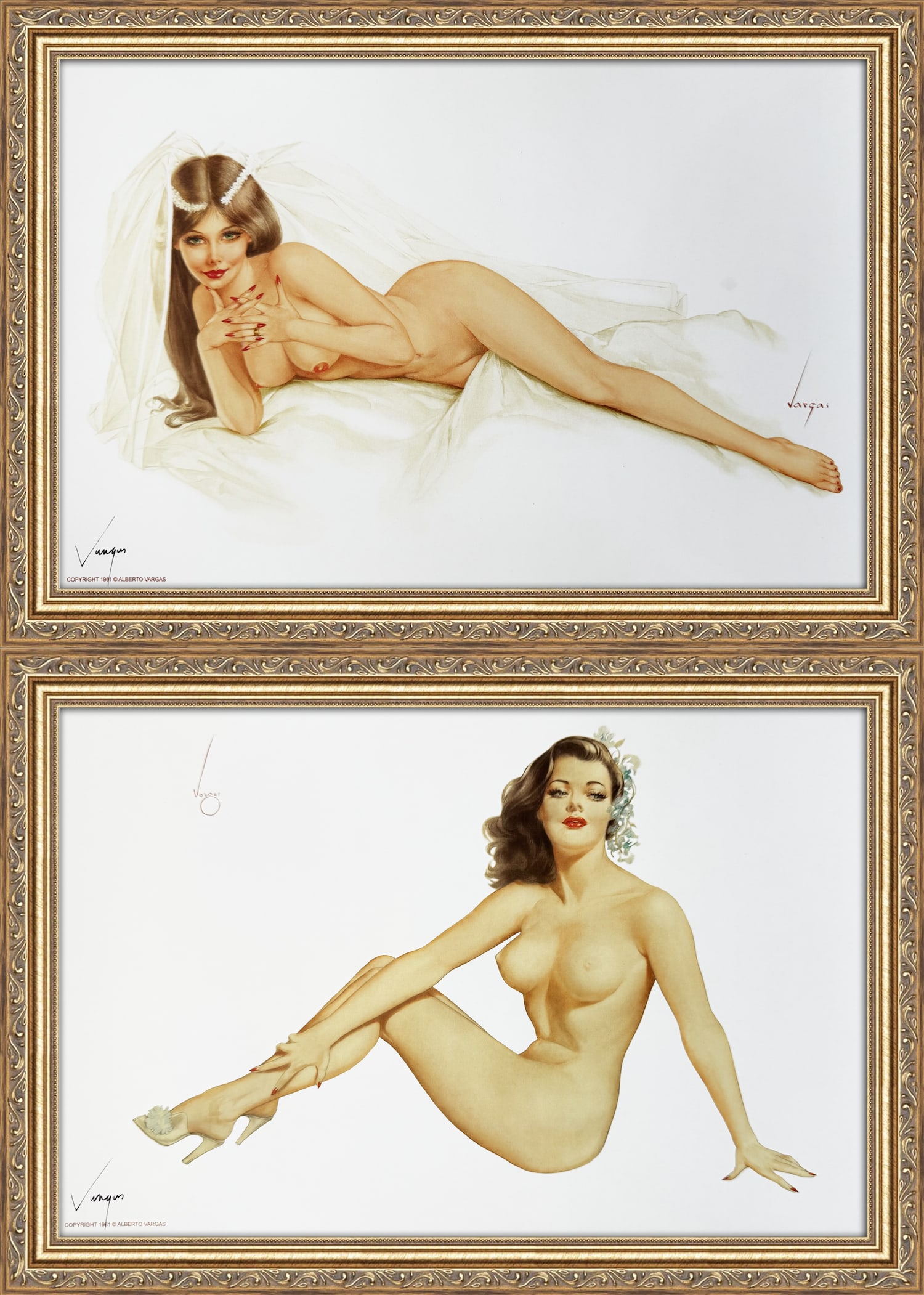 Alberto Vargas Reclining Bride and Nude in Shoes with Flowers in Hair: This exquisite print, crafted between 1979 and 1984, carries the authentic signature of Alberto Vargas, who personally autographed it at a signing event just before his passing in 1982. Frame not Incl