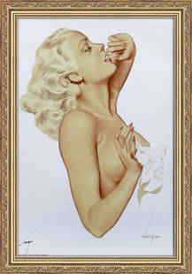 Alberto Vargas "Girl with a Flower": This exquisite print, crafted between 1979 and 1984, carries the authentic signature of Alberto Vargas, who personally autographed it at a signing event just before his passing in 1982. Frame not Incl