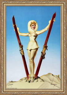 Alberto Vargas Ski Troops Girl American Weekly cover 1943.: This exquisite print, crafted between 1979 and 1984, carries the authentic signature of Alberto Vargas, who personally autographed it at a signing event just before his passing in 1982.this painting w
