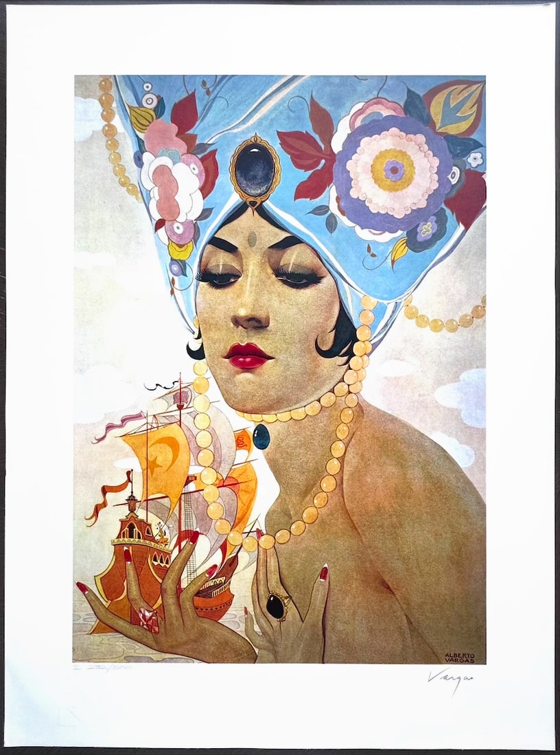 Alberto Vargas "SCHEHERAZADE" 1979 - 232/500: Alberto Vargas' depiction of the beguiling character from the class Middle Eastern tale, One Thousand and One Nights. Scherherazade spun grandiose tales to preoccupy King Shahryar, and thus spare her