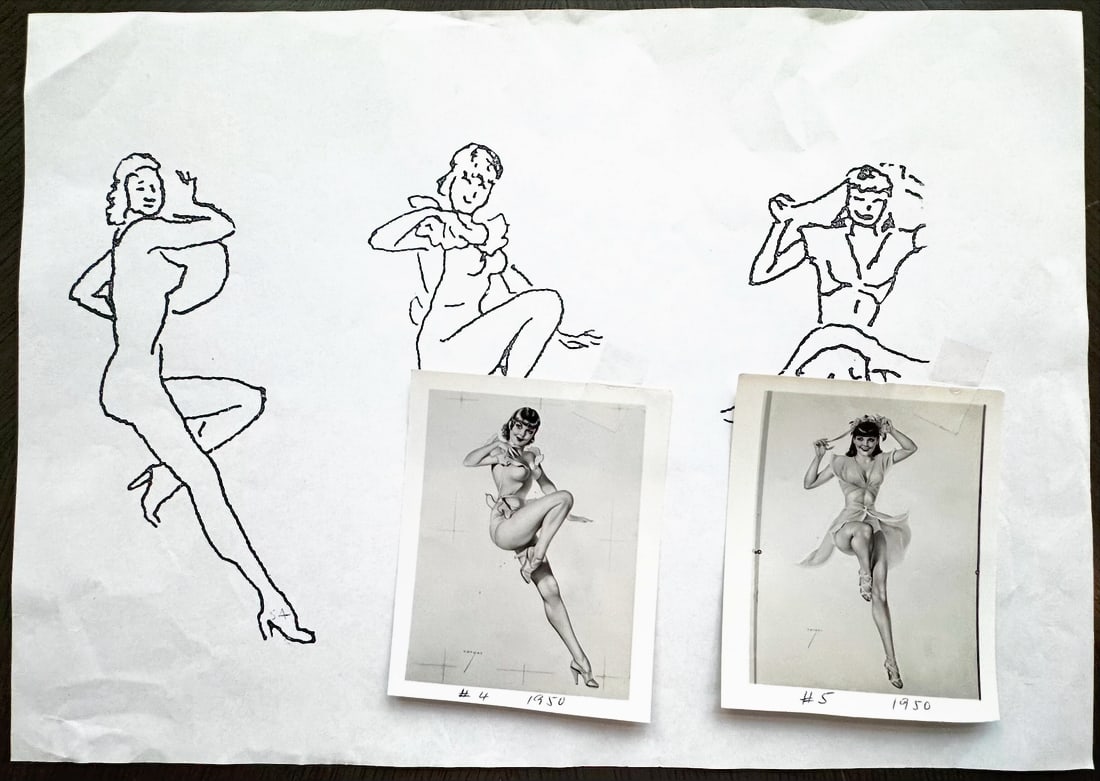 Alberto Vargas Paper with Photo's: attached are pictures that were used to confirm how things would be edited for the process of creating magazines and calendars from the Vargas Estate. The dimensions of the pictures attached are 4" x
