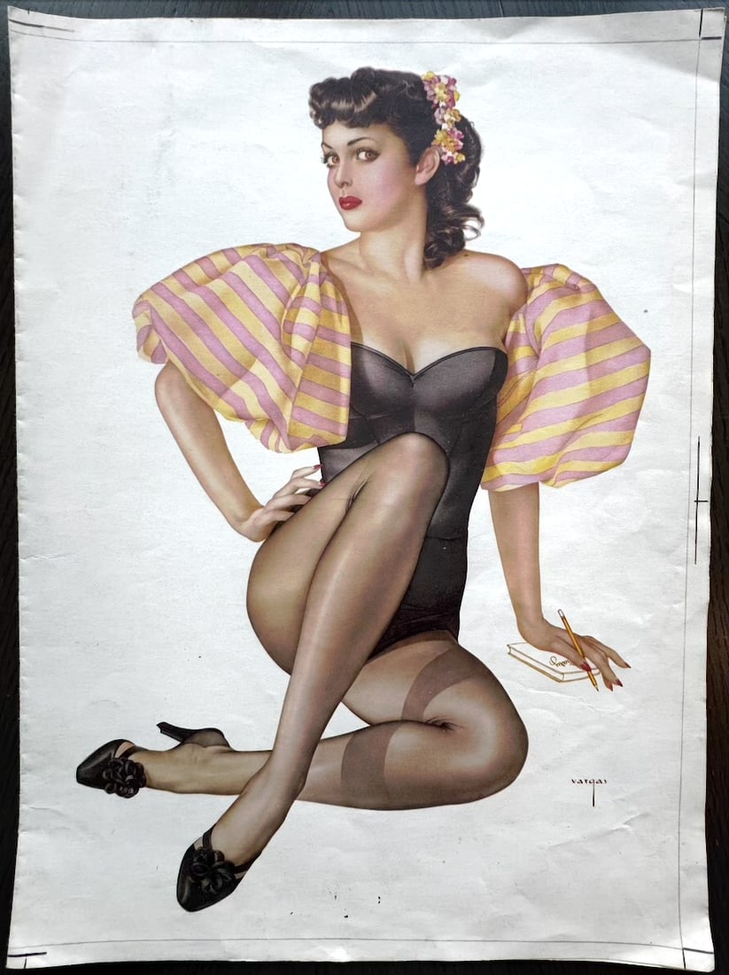 Alberto Vargas The Man's Magazine Pages - November 1951 - "True Girl" Pinup Girl: This is a piece from the Vargas Estate that was used to confirm the edits and colors used before publishing for The Man's Magazine November 1951! great for anyone wanting to own a small piece from the