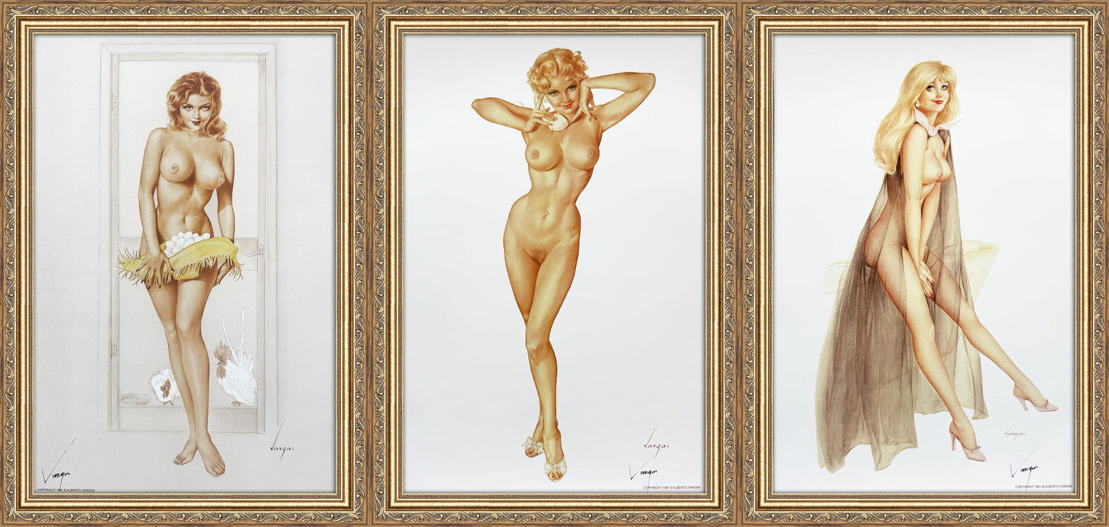 Alberto Vargas "No, I'm not the farmer's daughter", Nude with Phone and Playboy November 1972: These three prints are 11" x 17" done by Alberto Vargas were created between 1979 and 1984 at a store called The Pin-up Shop in Las Vegas—a specialty boutique backed by Playboy President Derrick J.