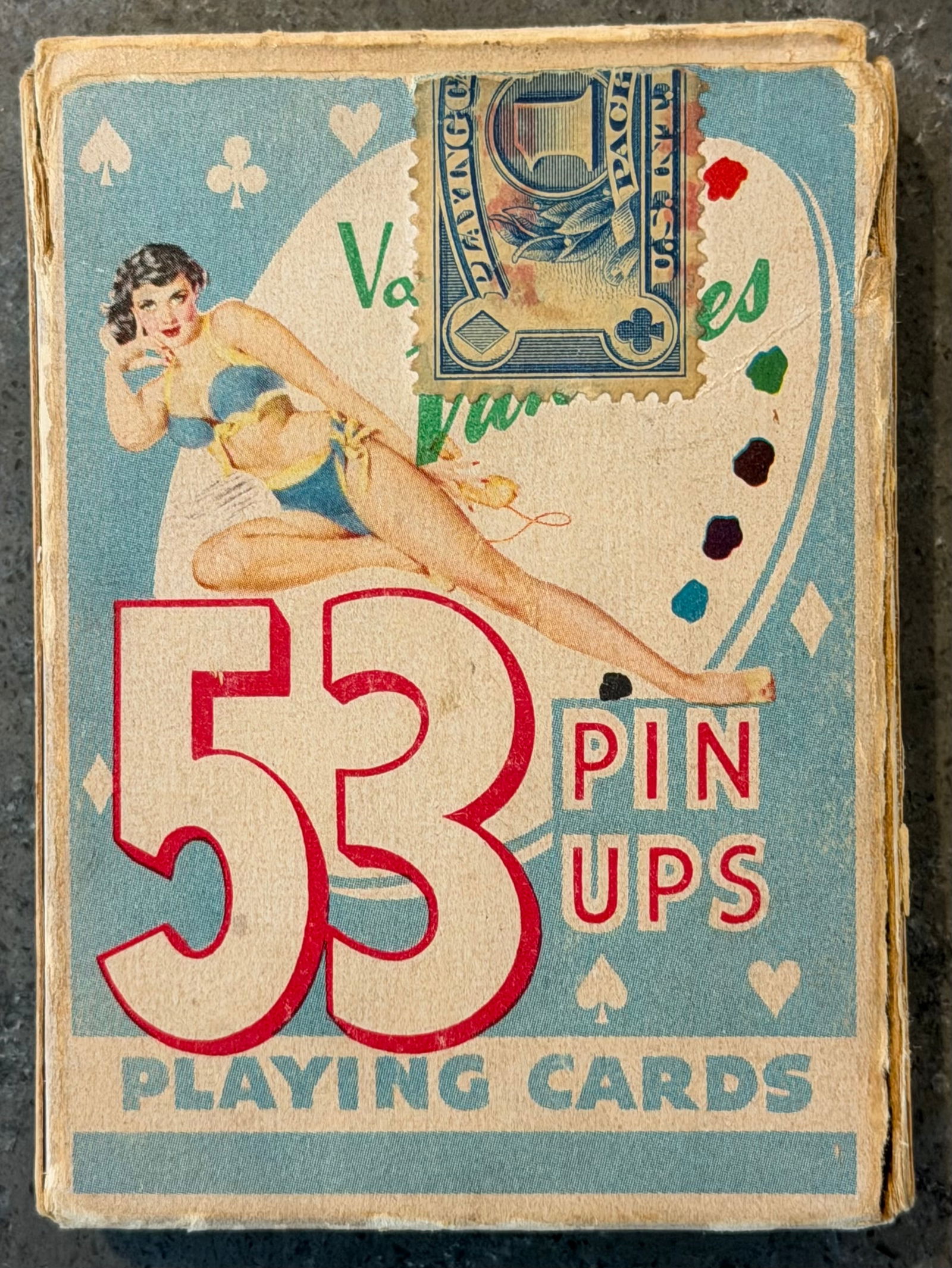 Vargas Vanities Pinups 53 Playing Cards, Poker Size, earliest set - Original Box: Offered here is an Original Vargas Vanities Pinups 53 Playing Cards, Poker Size, earliest set - Original Box - complete set of playing cards- but there are 52 - they are all there [not sure what the 5