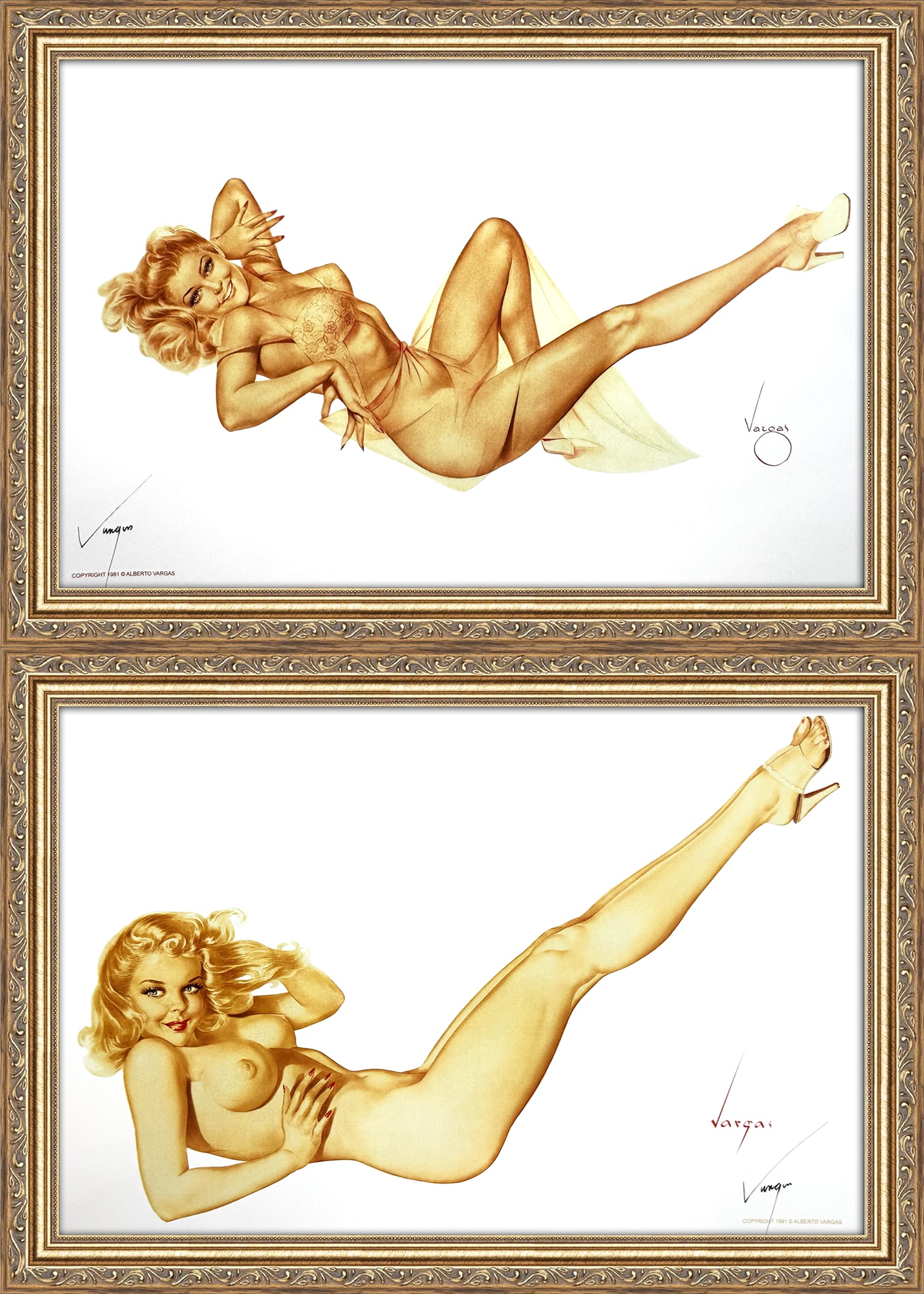 Alberto Vargas, Varga Girl 1940's-50's and Legacy Nude 1947: This pair of 11" x 17" Alberto Vargas prints were created between 1979 and 1984 at a store called The Pin-up Shop in Las Vegas—a specialty boutique backed by Playboy President Derrick J. Daniels as