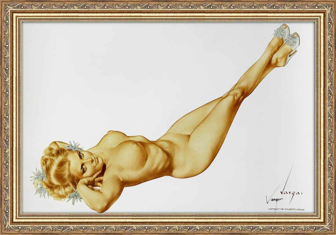 Alberto Vargas Signed Legacy Nude First Playboy March 1957: This 11" x 17" Alberto Vargas pin-up print was created between 1979 and 1984 at a store called The Pin-up Shop in Las Vegas—a specialty boutique backed by Playboy President Derrick J. Daniels as a k