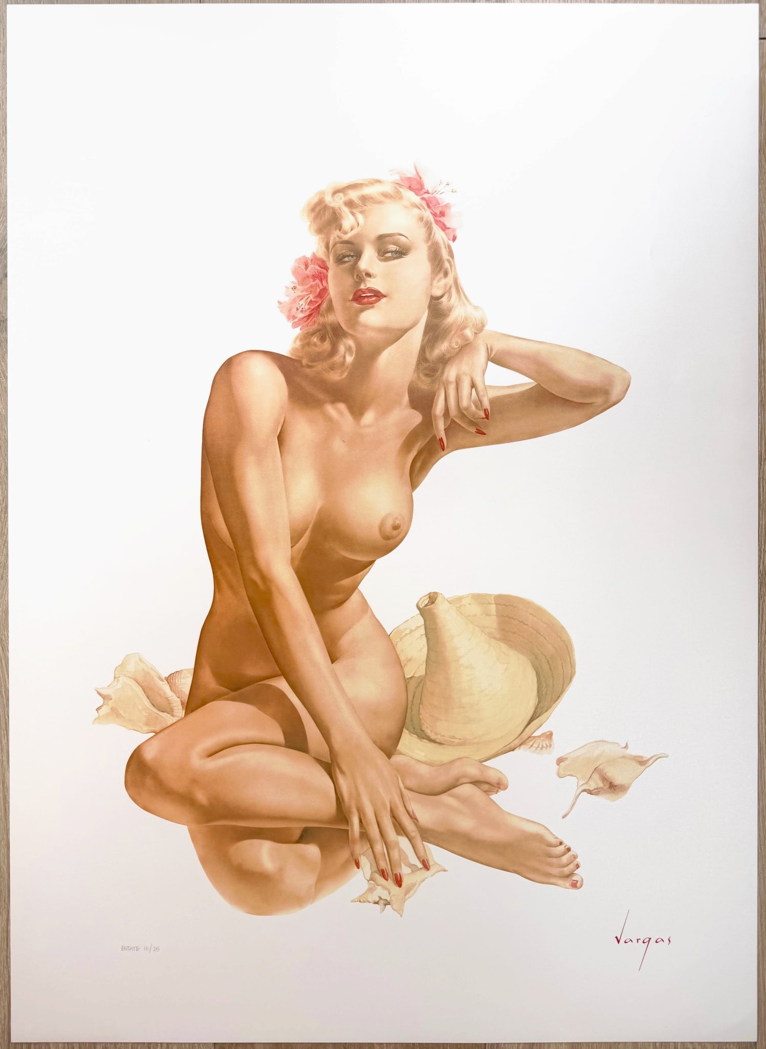 Legacy Nude #12, Sea Shells: A visual feast of anatomical detail, her compact pose is delightfully contrasted by the hat and sea shells lying at her feet. These paintings had no commercial value because they were nudes. Knowing t