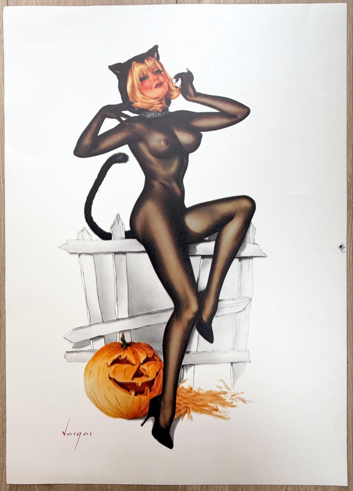 Alberto Vargas Artist Proof Trick or Treat San Francisco Art Exchange: This is an exceptionally rare Artist's Proof of Alberto Vargas's iconic "Trick or Treat"—a playful, seductive Halloween-themed pin-up masterpiece originally created as a gatefold illustration for Pl