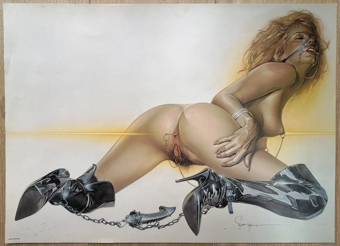 Hajime Sorayama / Signed Llithograph Nude Woman in Chains: This striking 1997 limited-edition lithograph by legendary Japanese artist Hajime Sorayama captures his masterful hyper-realistic airbrush technique and signature fusion of erotic sensuality with futu
