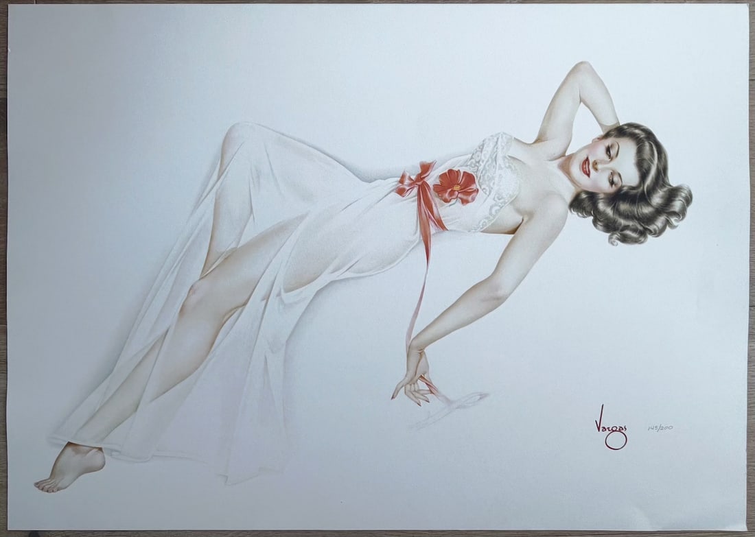 Alberto Vargas "Red Ribbon" 145/200: "Red Ribbon" is an image of subtle charm and grace. From her sensitive portrait and luxuriant hair, to the ethereal drapery of her gown, this reclining beauty exemplifies Vargas' pure admiration of th