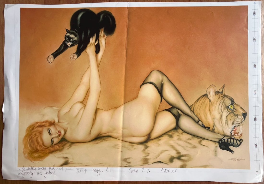 Alberto Vargas Redhead With Black Cat Taschen Book Artist Proof: This is an artist's proof from Taschen's 1991 Alberto Vargas Posterbook, a vintage collection showcasing the iconic pin-up illustrations of Alberto Vargas.
