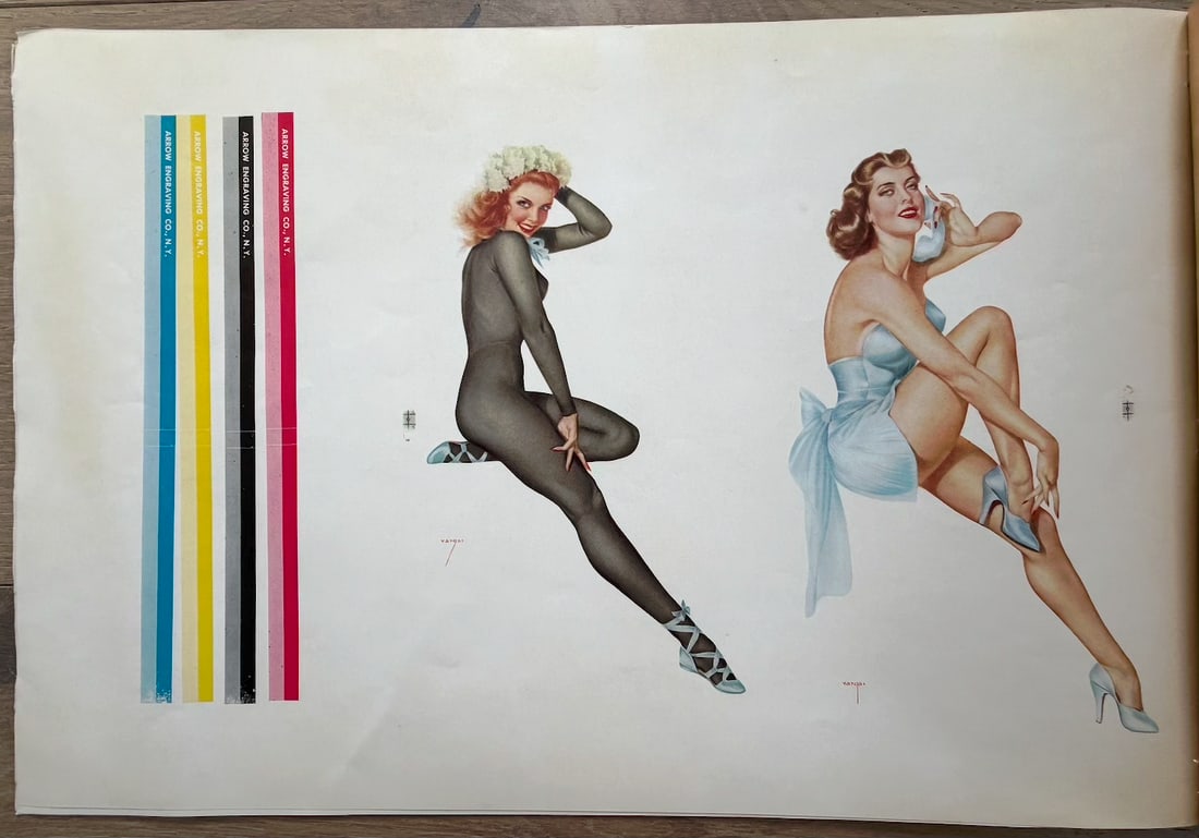 Alberto Vargas Artist Proofs for Esquire Magazine Calendar: This striking vintage printer's proof features two iconic Alberto Vargas pin-up girls in classic glamorous poses—one in a sheer black bodysuit with floral crown and strappy heels, dynamically posed