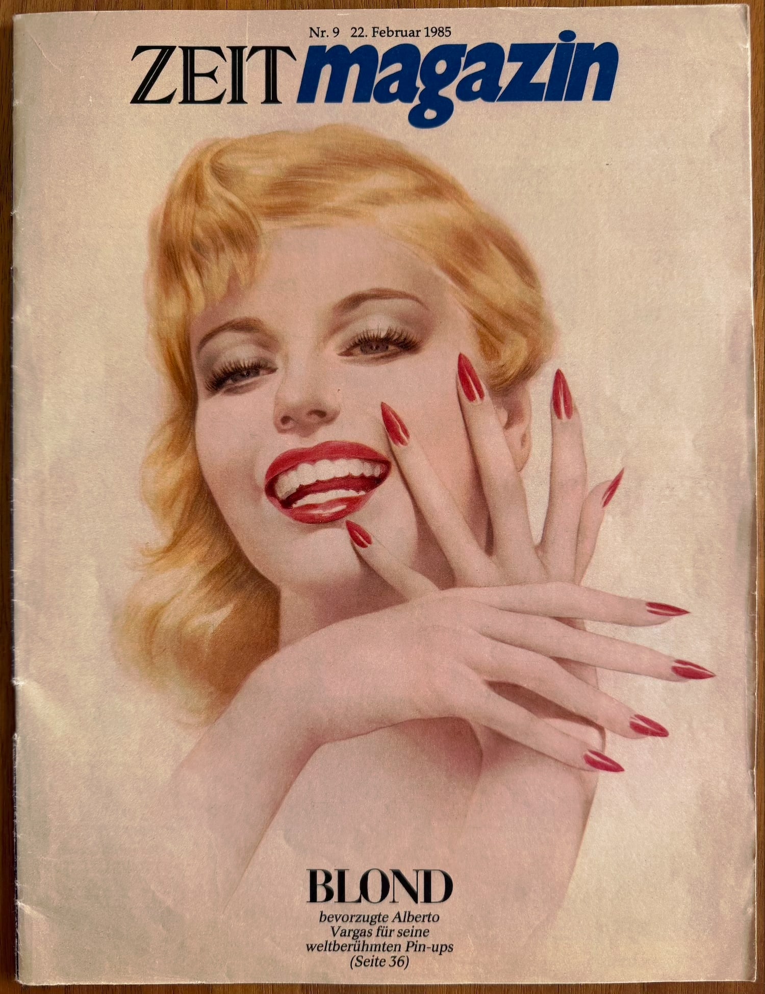 Alberto Vargas Full issue of ZEITmagazin 1985: This image is the cover of the German magazine ZEITmagazin, issue number 9, dated February 22, 1985. The cover features a pin-up illustration of Marilyn Monroe, originally created by artist Alberto Va