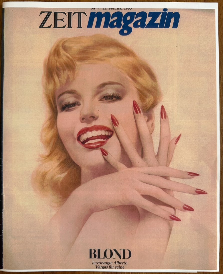 Alberto Vargas Full issue of ZEITmagazin 1985 Artist Proof Image: This image is the cover of the German magazine ZEITmagazin, issue number 9, dated February 22, 1985. The cover features a pin-up illustration of Marilyn Monroe, originally created by artist Alberto Va